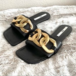 Zara Black Leather Chunky Gold Chain Square Toe Sandals Slides